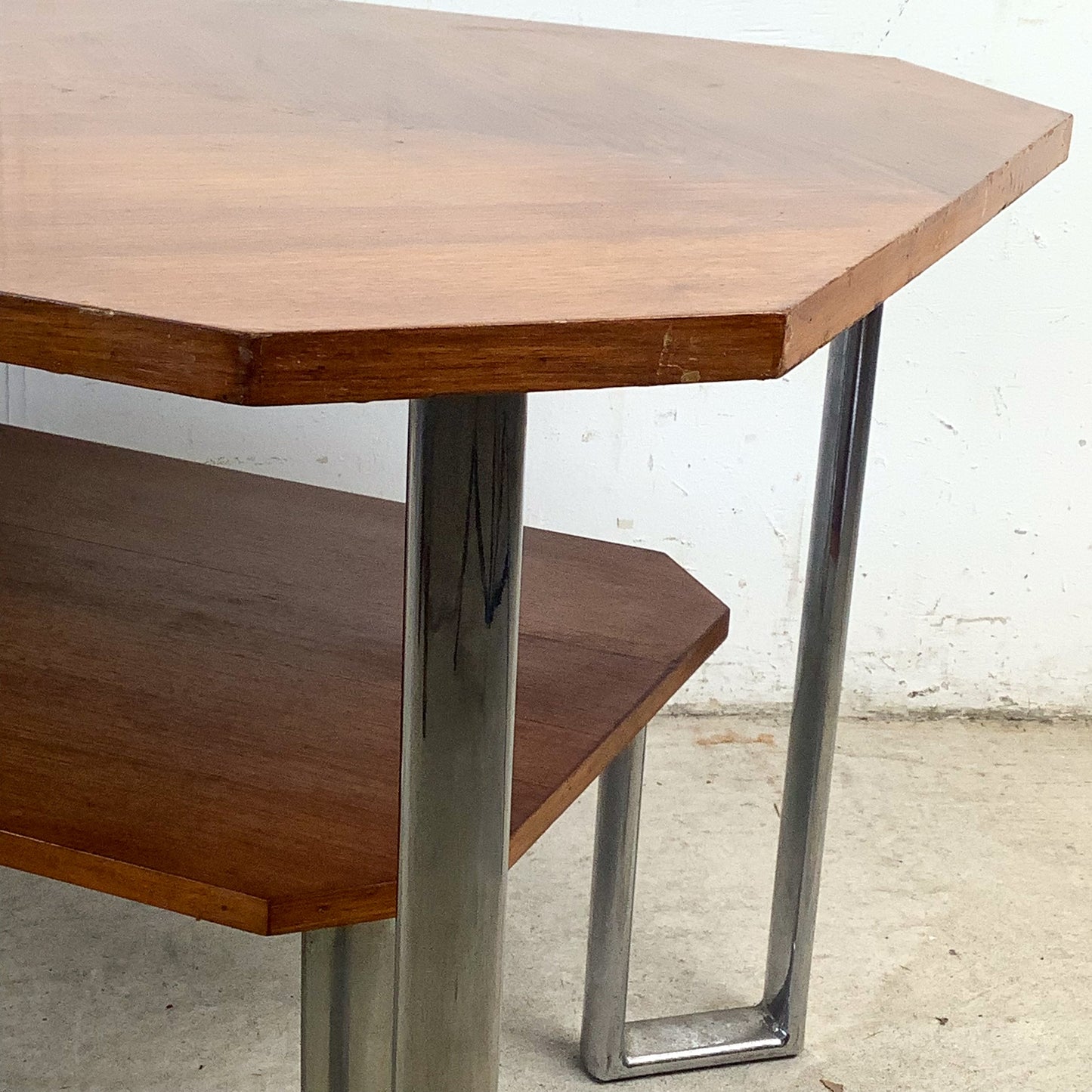 Vintage Modern Coffee Table with Bookmatched Veneer Top and Chrome Base
