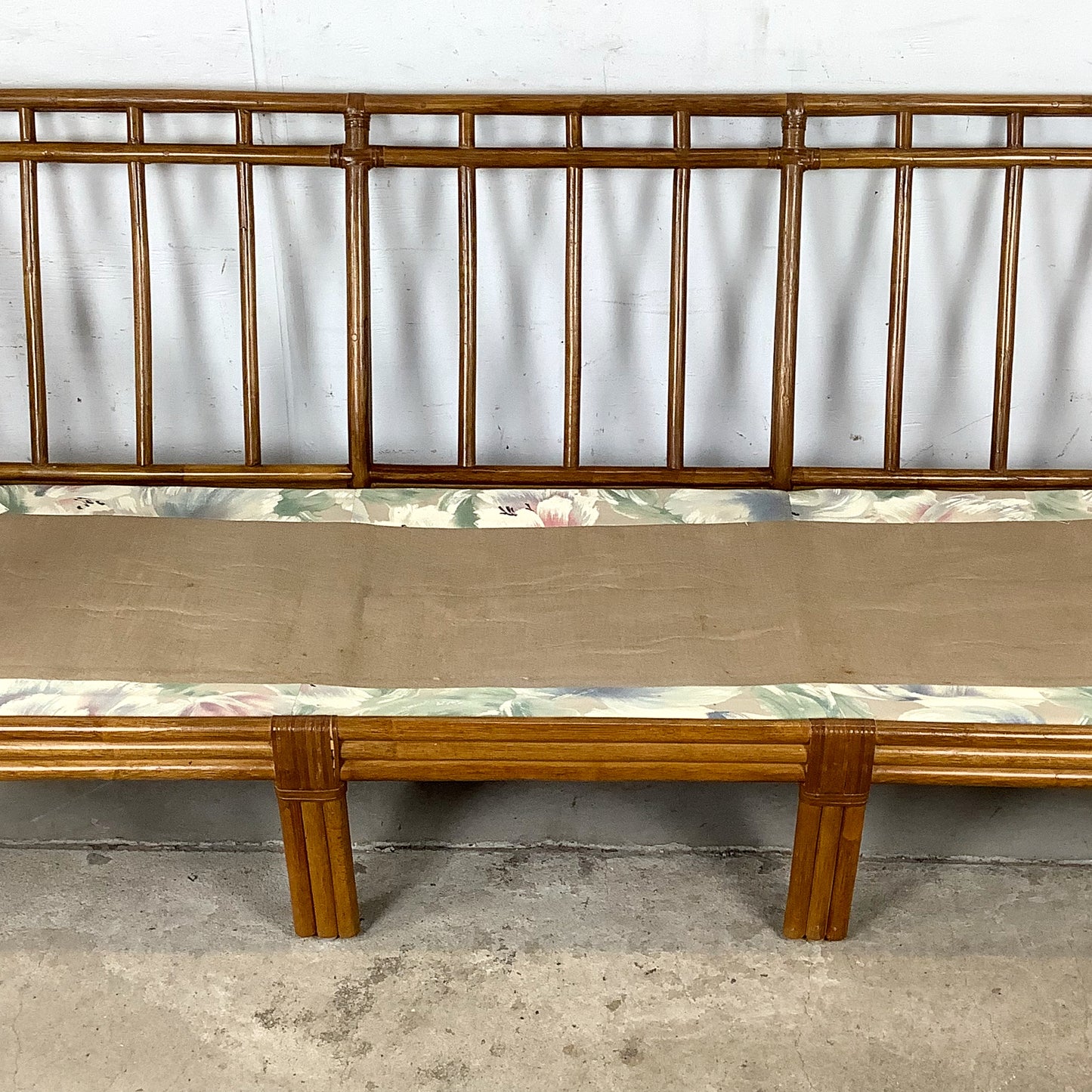 Vintage Rattan Three-Seat Sofa, Diamond Lattice Arms