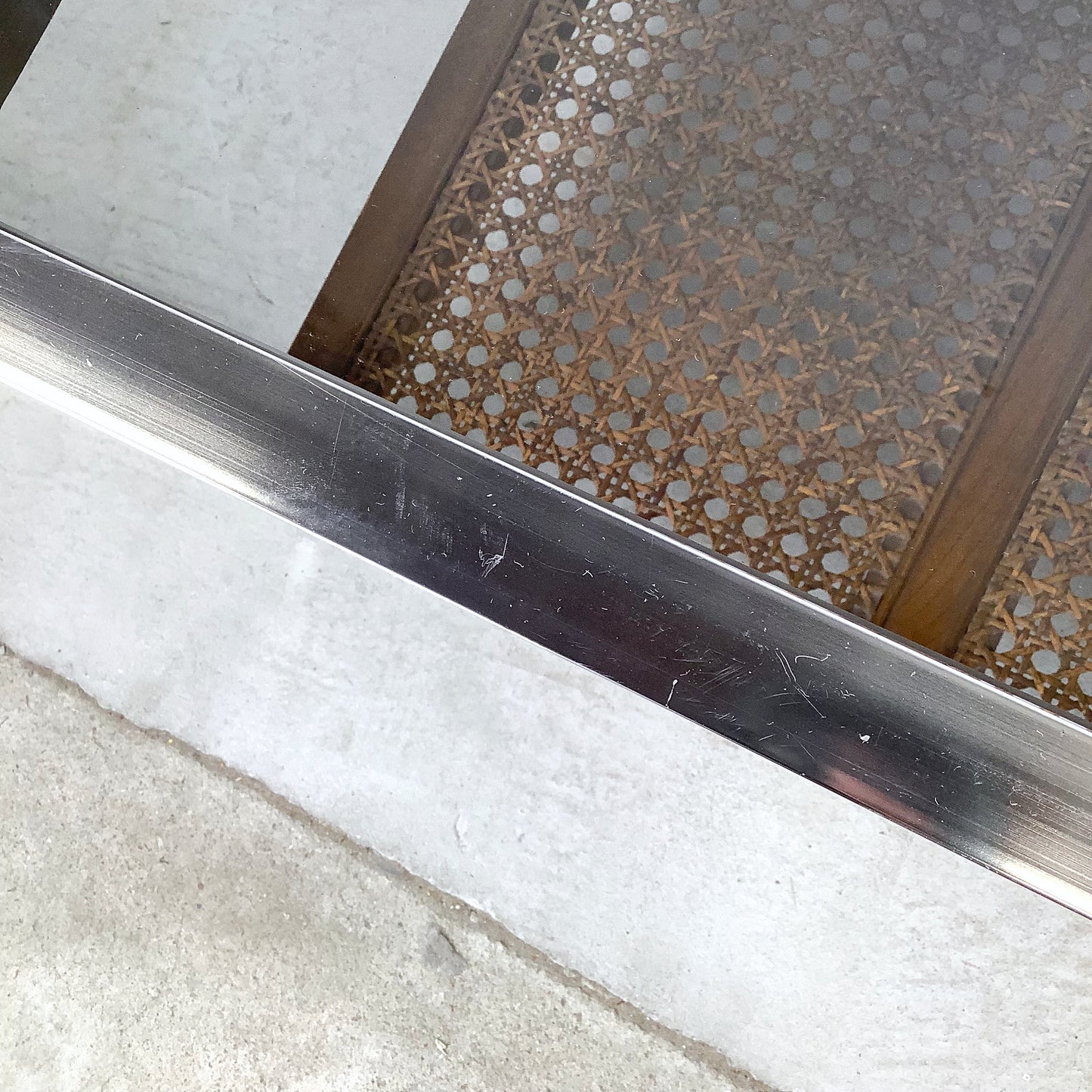 Lane Mid-Century End Table with Smoked Glass, Cane, and Wood Frame