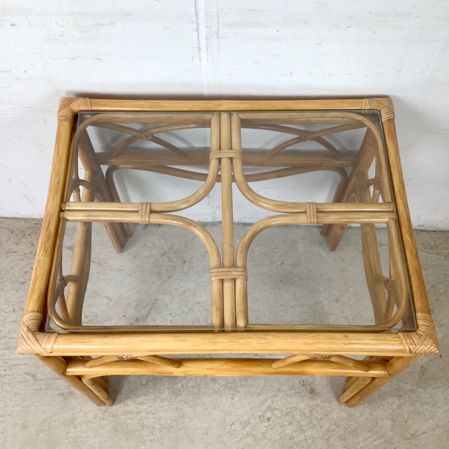 Vintage Bent Rattan Side Table with Inset Glass Top — Arch Apron, circa 1970s–1980s