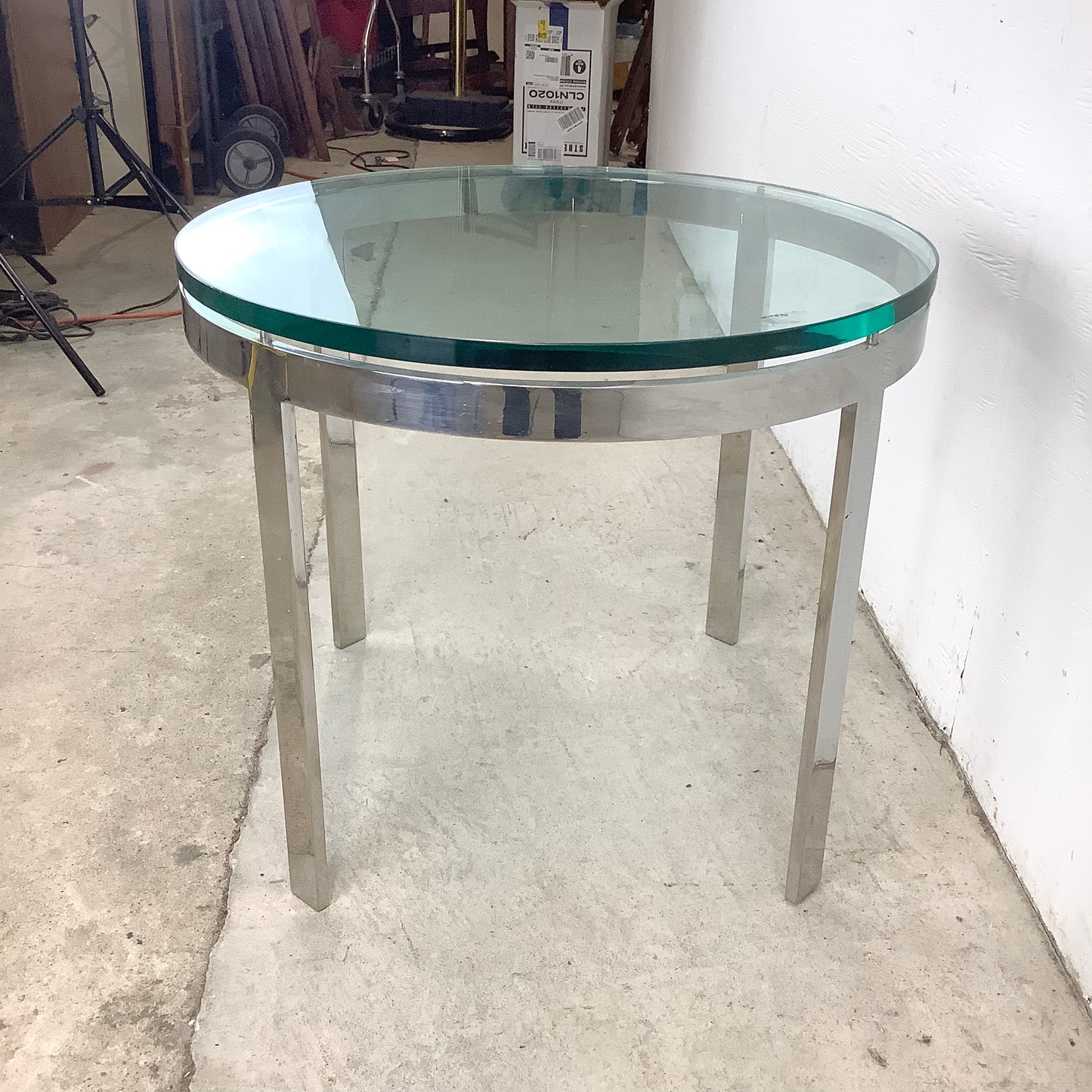 Vintage Circular Glass Top End Table with Polished Chrome Base
