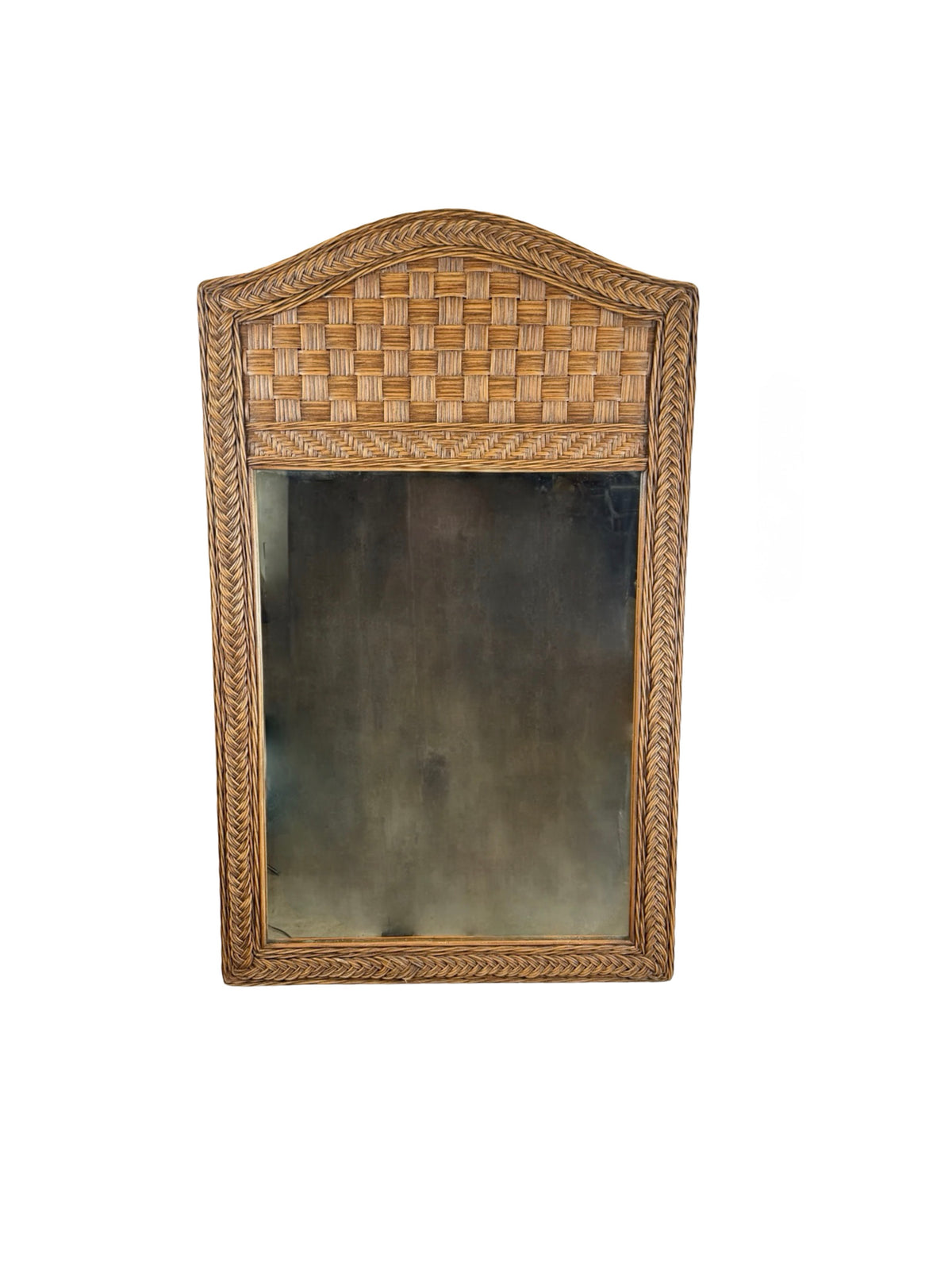 Vintage Arched Wicker Wall Mirror with Basket-Weave Panel and Braided Frame