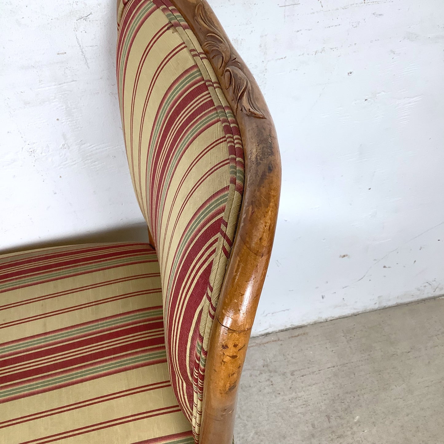 Queen Anne Dining Side Chairs — Set of Four | Walnut Cabriole Legs | Burgundy Stripe Upholstery
