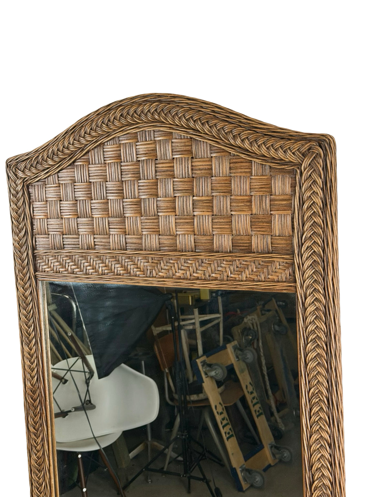 Vintage Arched Wicker Wall Mirror with Basket-Weave Panel and Braided Frame