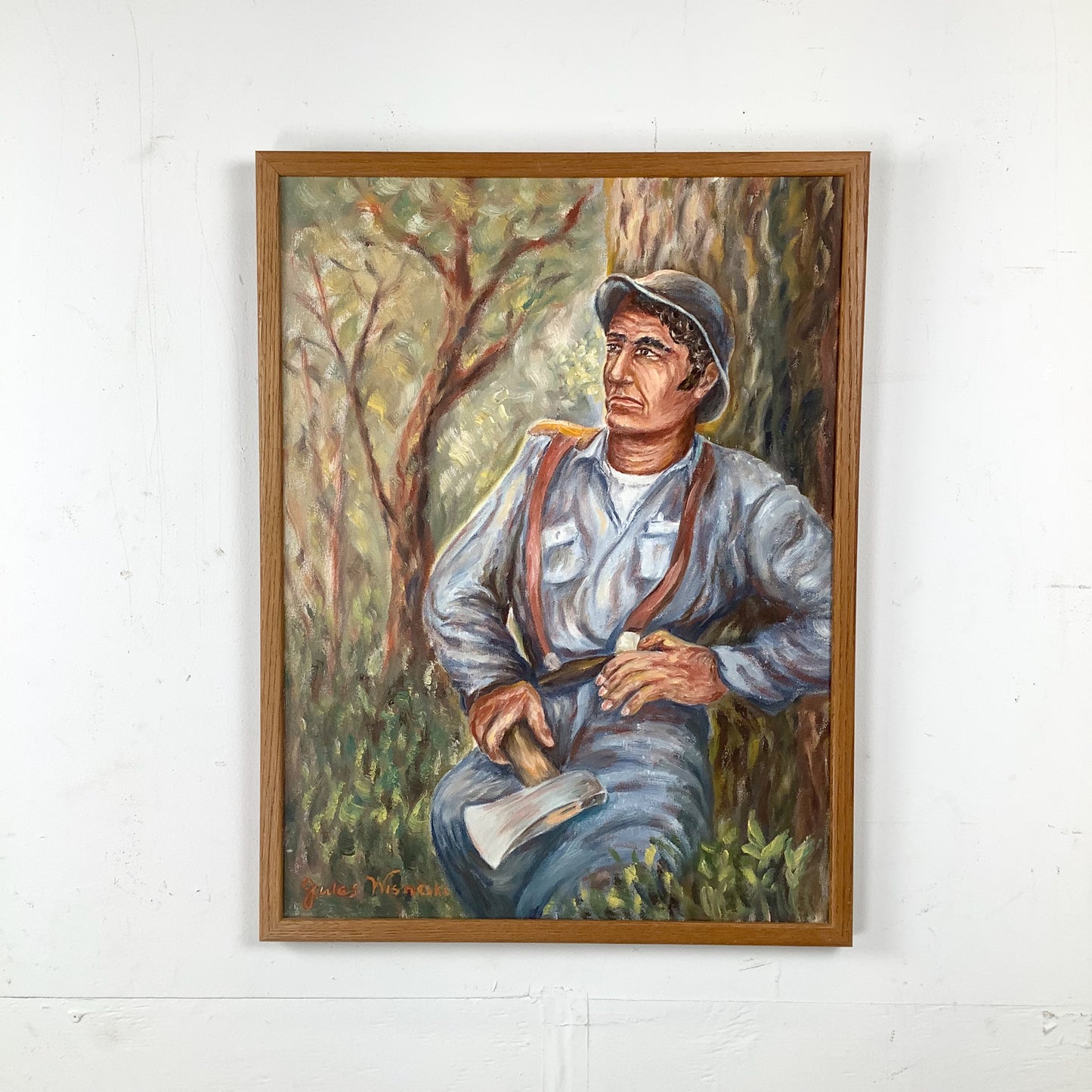 Mid-Century Figurative Oil Painting of Seated Woodsman — Jules Wisneski