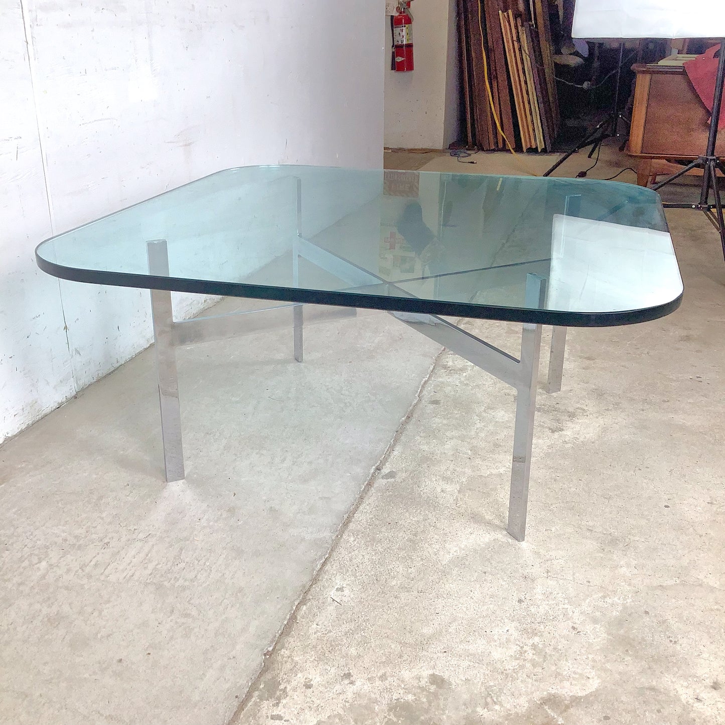 Vintage Barcelona-Style Coffee Table | Brushed Chrome X-Base | Thick Glass | 36" Square | c. 1970s–1980s