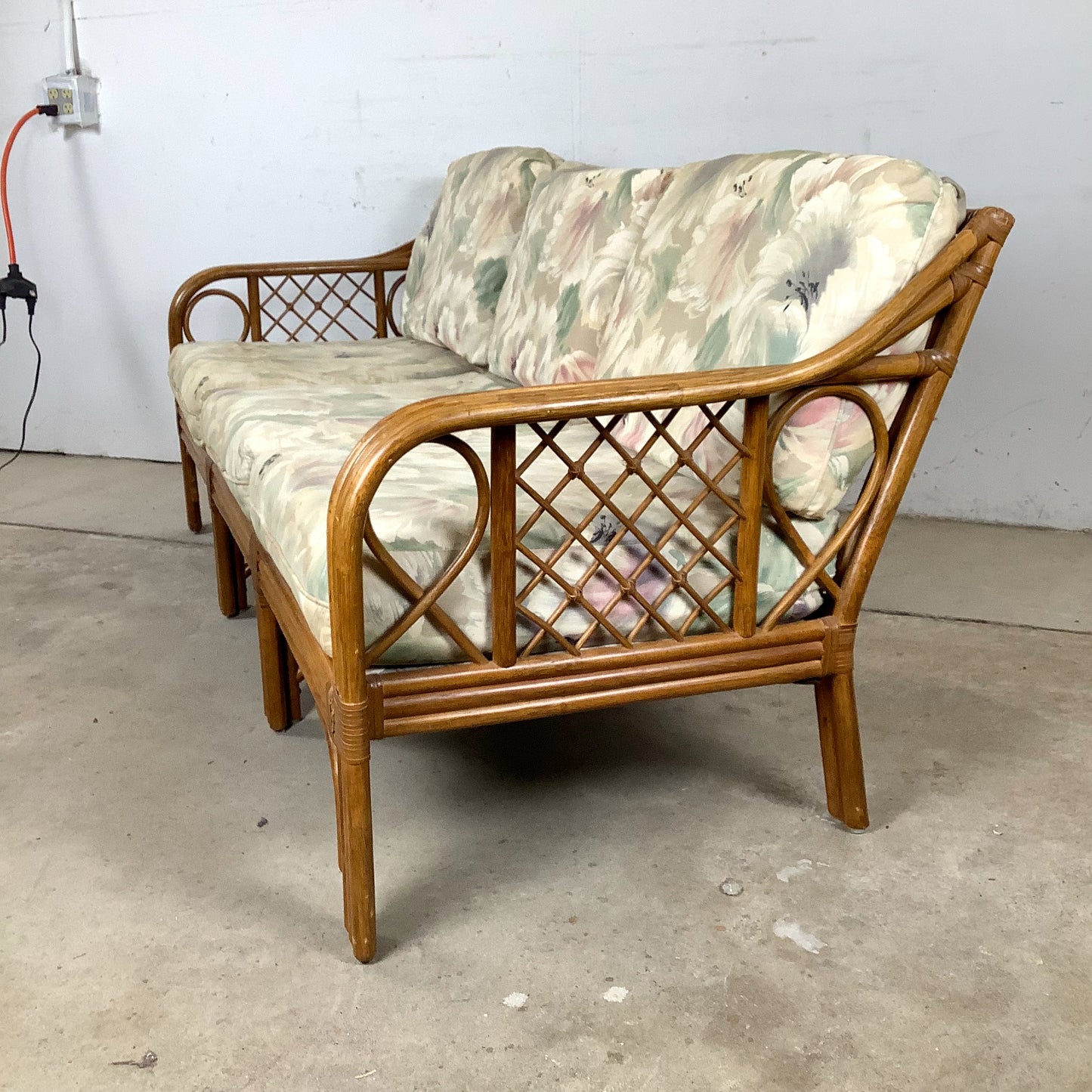 Vintage Rattan Three-Seat Sofa, Diamond Lattice Arms