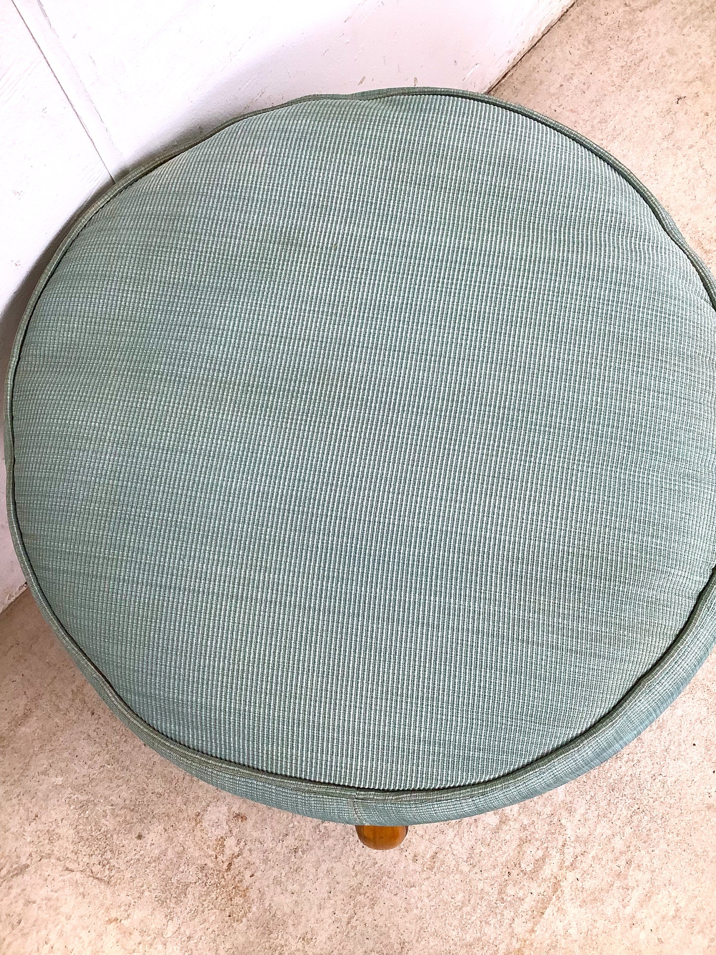 Vintage Rattan Round Ottoman — 1980s Coastal Style, Seafoam Green Upholstery