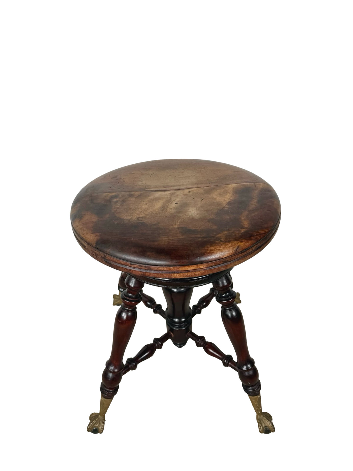 Antique Adjustable Piano Stool with Glass Ball-and-Claw Feet