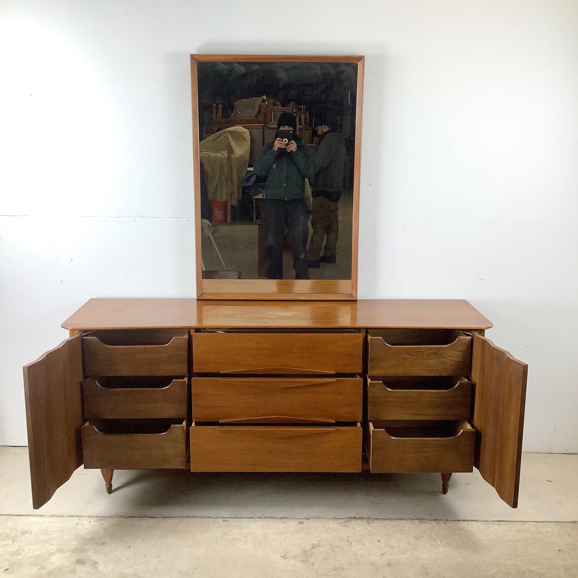 Mid-Century Modern Walnut Dresser and Mirror Set