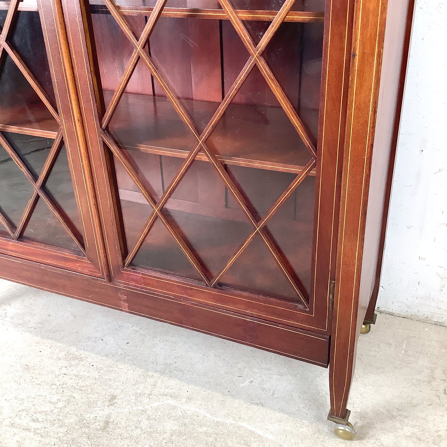 Edwardian Revival Mahogany Diamond Lattice Glazed Bookcase | Satinwood Inlay | Brass Casters
