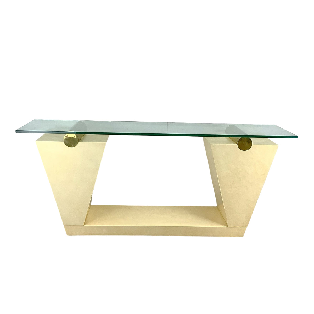 Vintage Modern Parchment-Style Console Table with Glass Top and Brass Accents