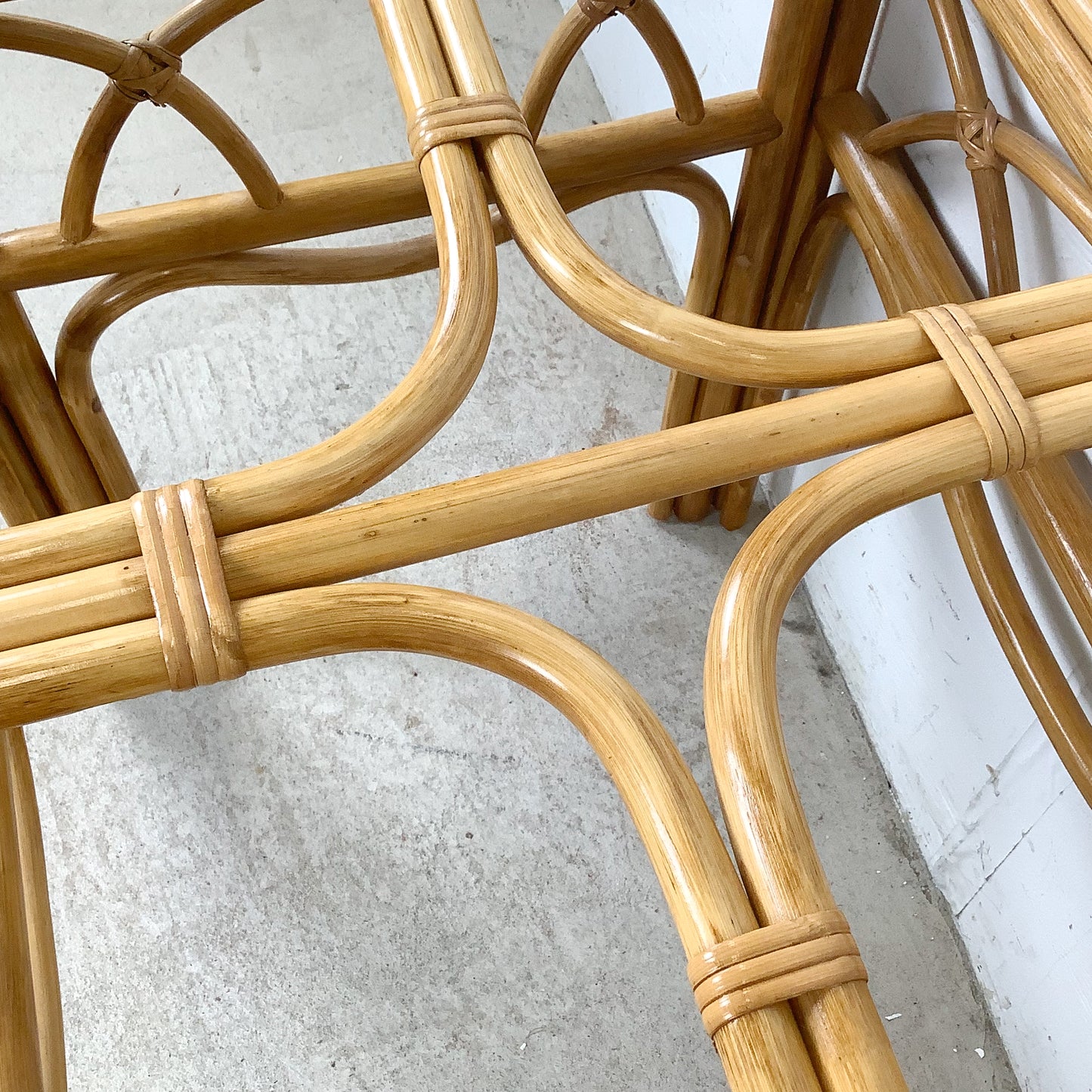 Vintage Bent Rattan Side Table with Inset Glass Top — Arch Apron, circa 1970s–1980s