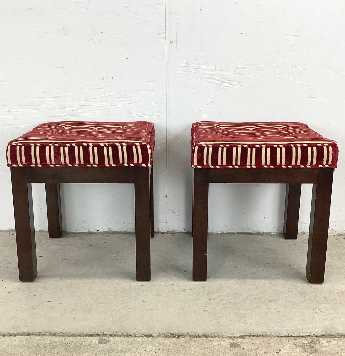 Pair of Vintage Mid-Century Tufted Footstools with Striped Fabric