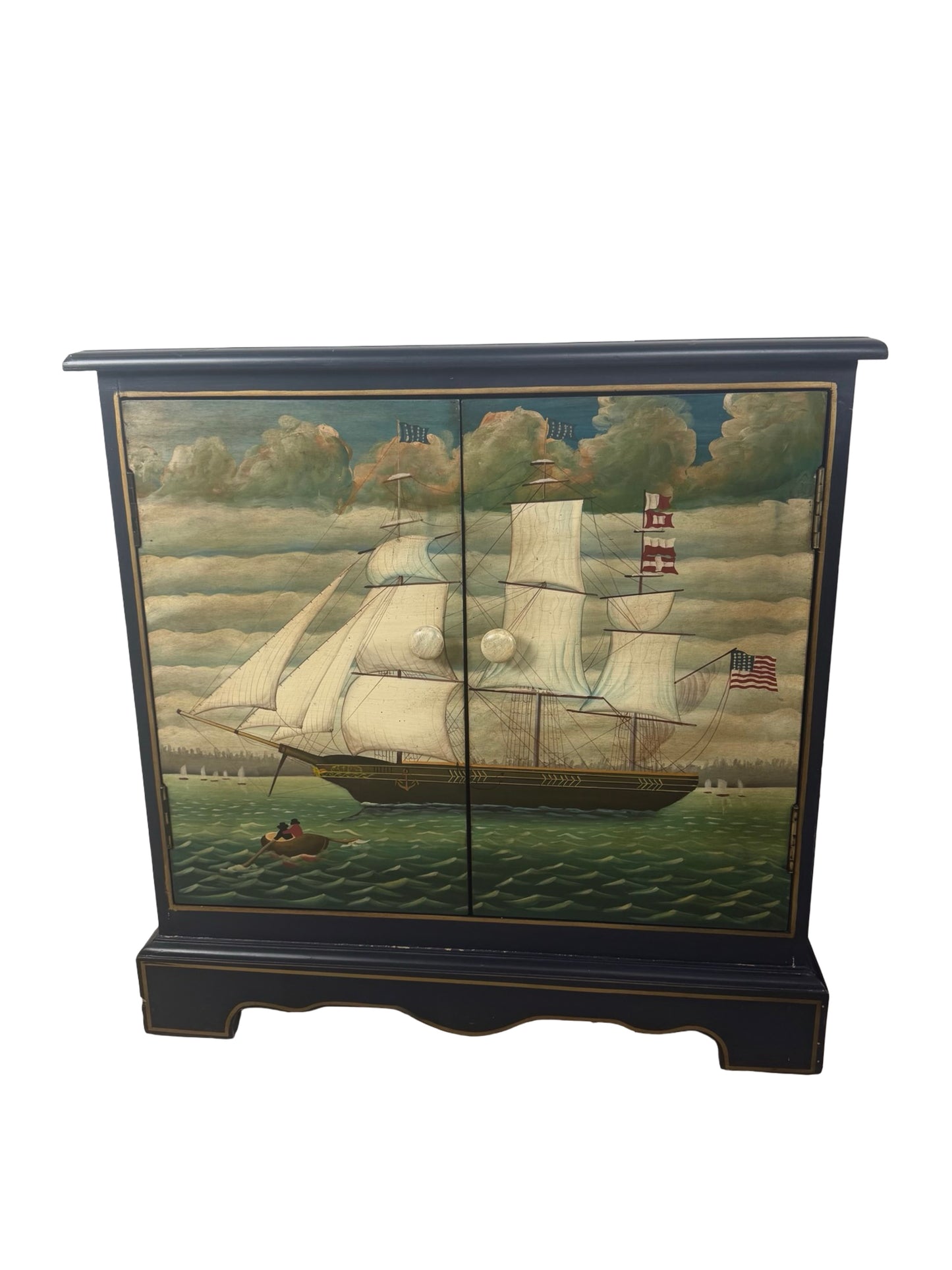 Pair of Hand-Painted Nautical Cabinets — Clipper Ship & Compass Rose Design