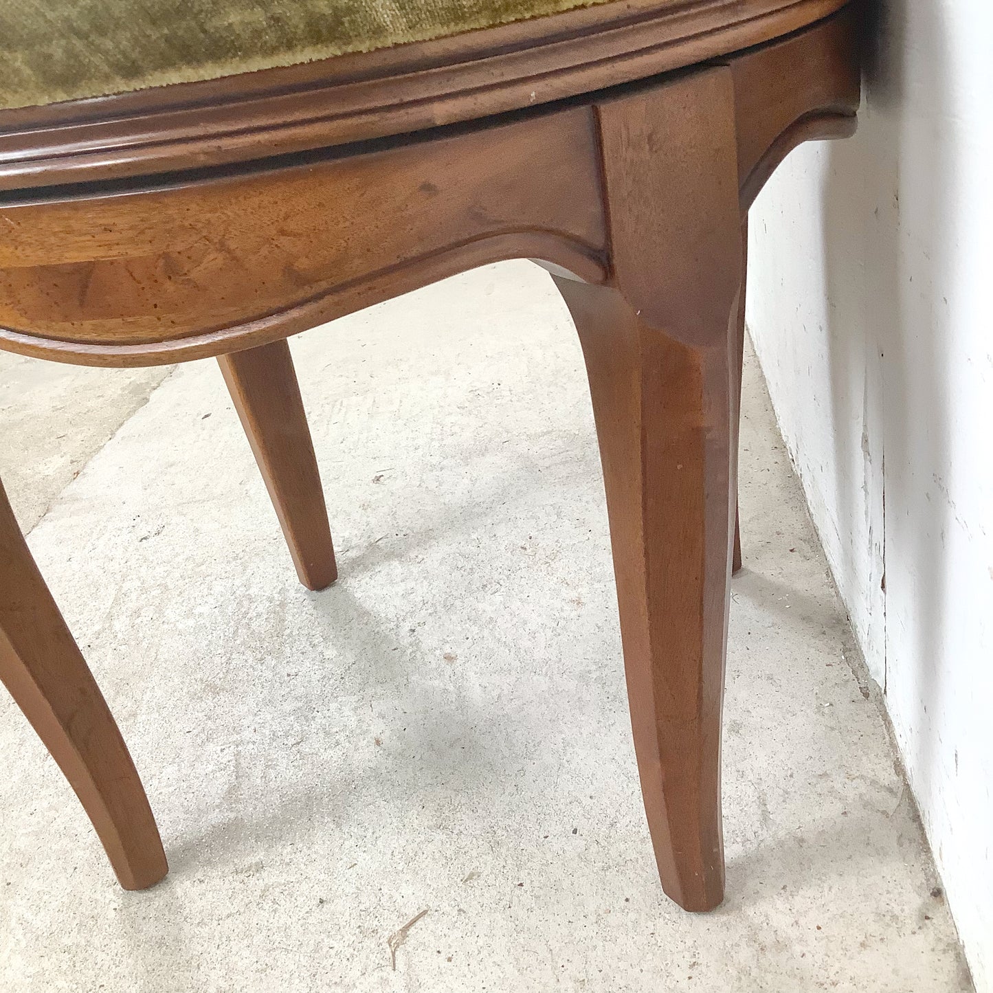 Vintage French Provincial Swivel Stool —Sage Velvet, Cabriole Legs, Mid-Century