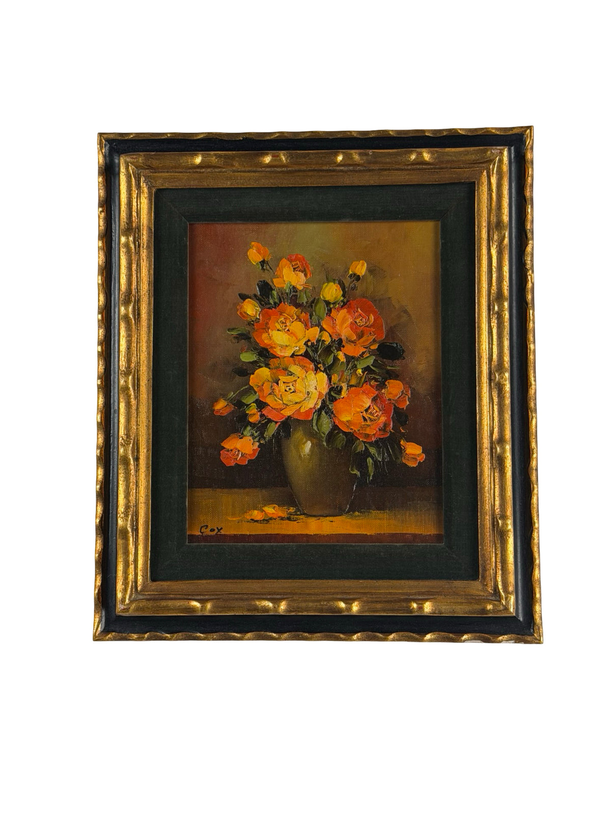 Vintage Signed Cox Floral Rose Painting Gold Tone Frame 13x15