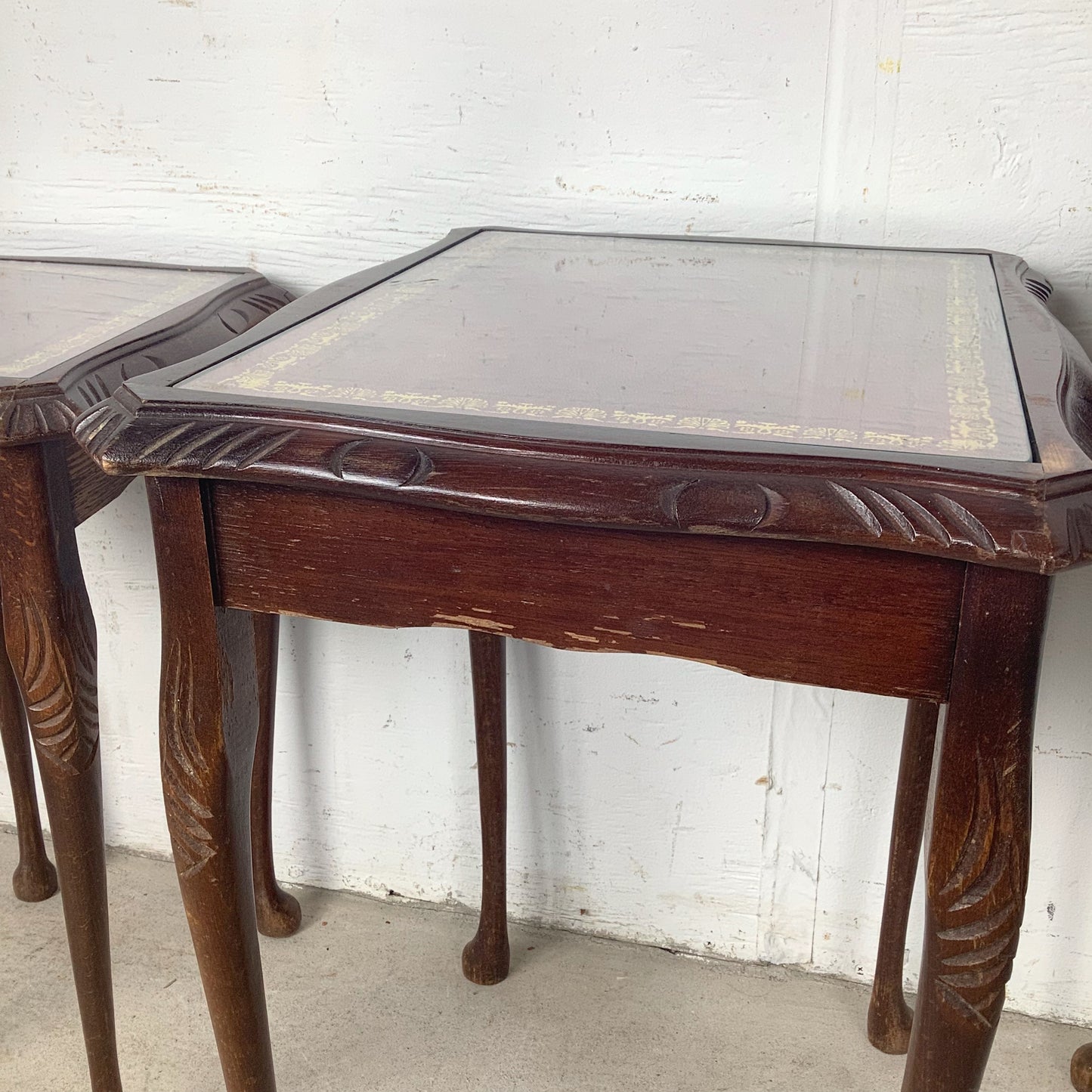 Vintage Queen Anne Style Nesting Tables with Tooled Leather Tops – Set of Three