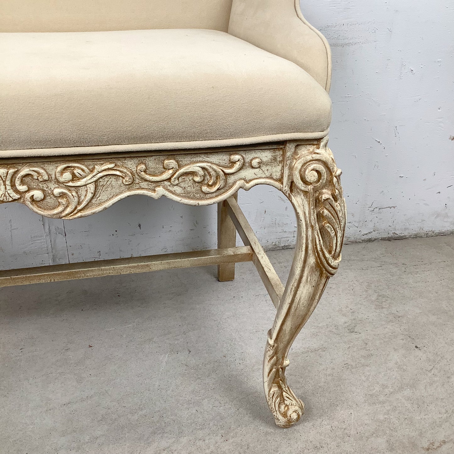 French-Inspired Decorator Bench with Carved Wood Frame