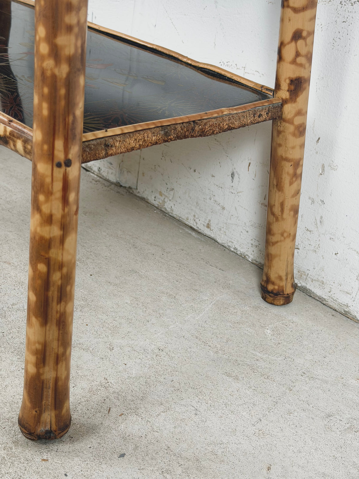Antique Victorian Aesthetic Movement Tiger Bamboo Three-Tier Side Table with Floral Shelves