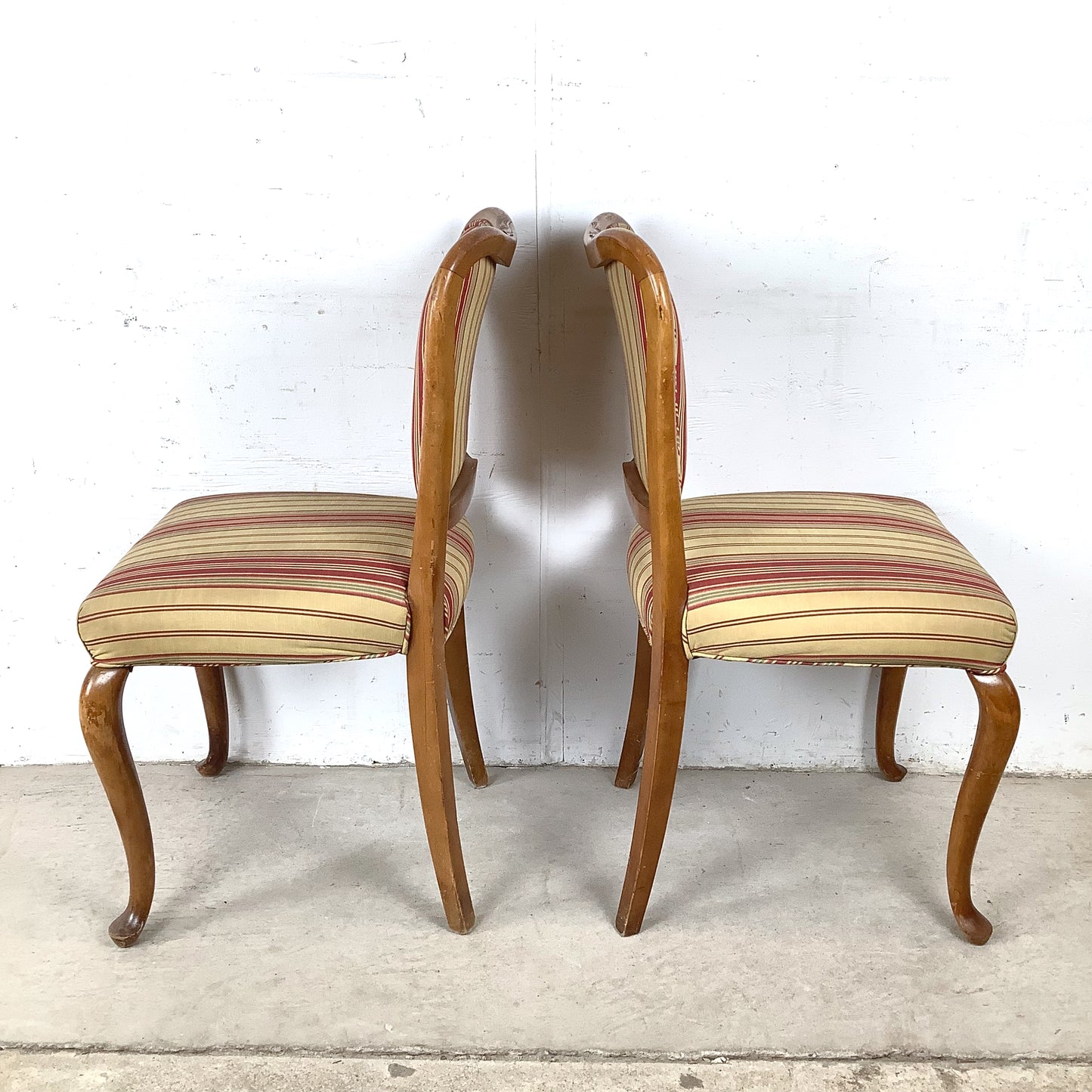 Queen Anne Dining Side Chairs — Set of Four | Walnut Cabriole Legs | Burgundy Stripe Upholstery