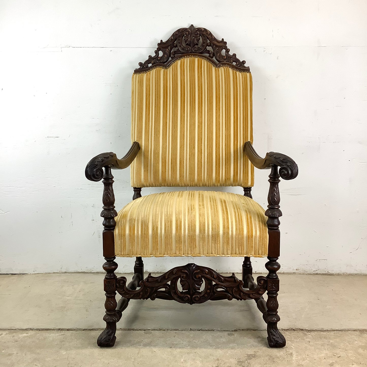 Grand Louis XIV-Style Throne Chair with Striped Fabric