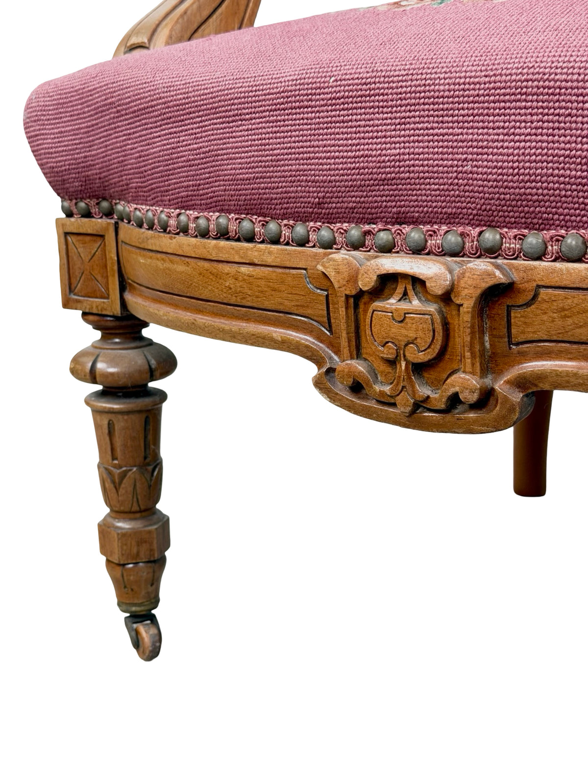 Vintage Renaissance Revival Carved Armchair with Burgundy Floral Upholstery