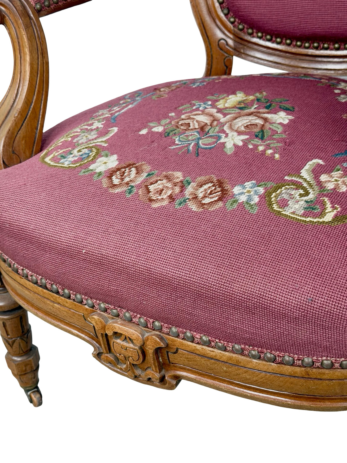 Vintage Renaissance Revival Carved Armchair with Burgundy Floral Upholstery