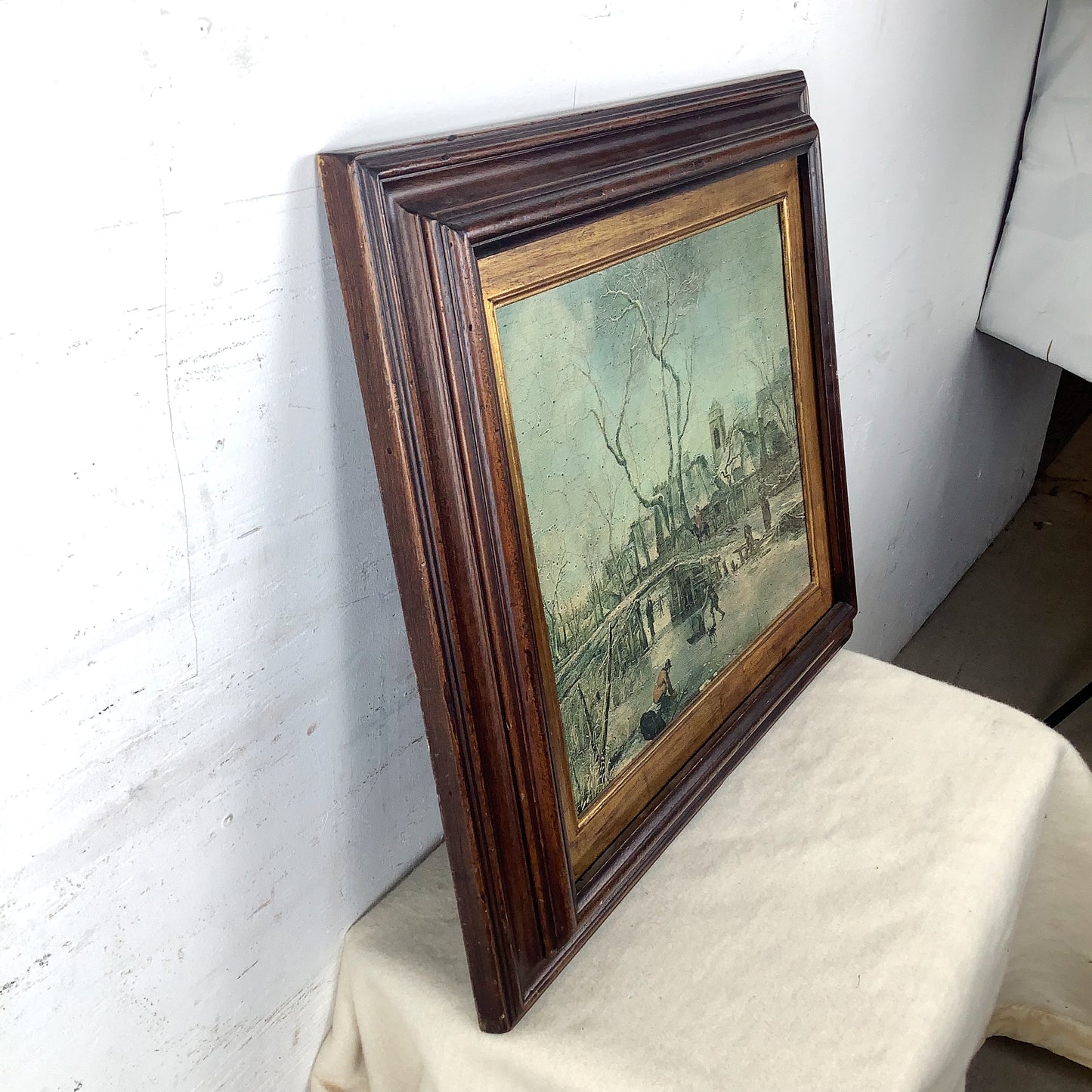 Antique Framed Winter Village Landscape, European Decorative Print