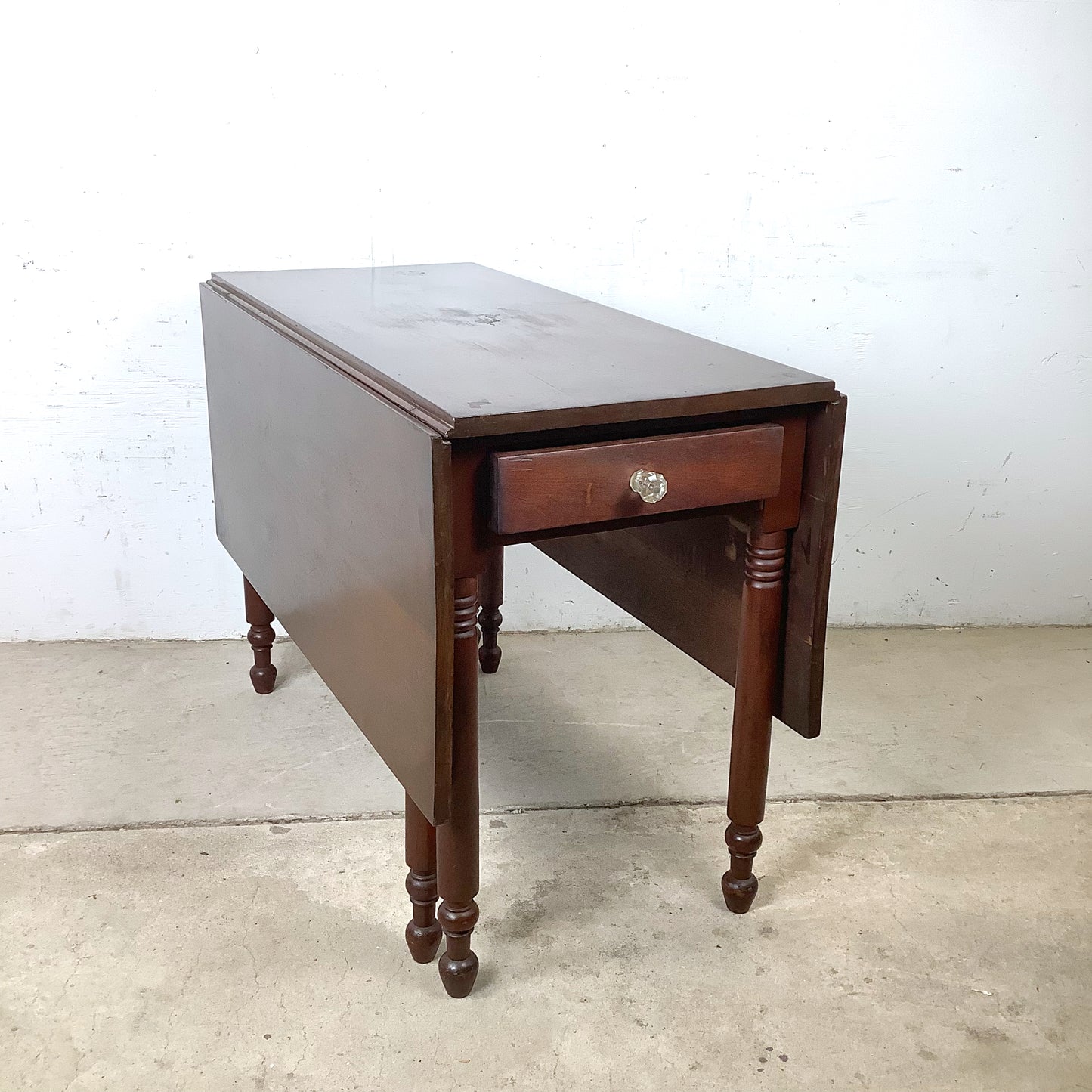 American Empire-Style Walnut Drop-Leaf Gate-Leg Table — Solid Wood, Single Drawer