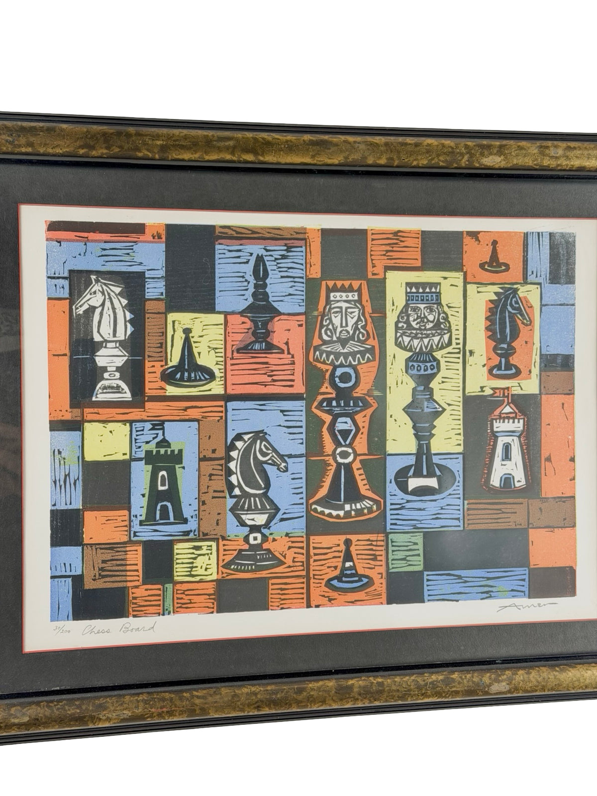 Irving Amen “Chess Board” Signed Mid-Century Modern Color Woodcut
