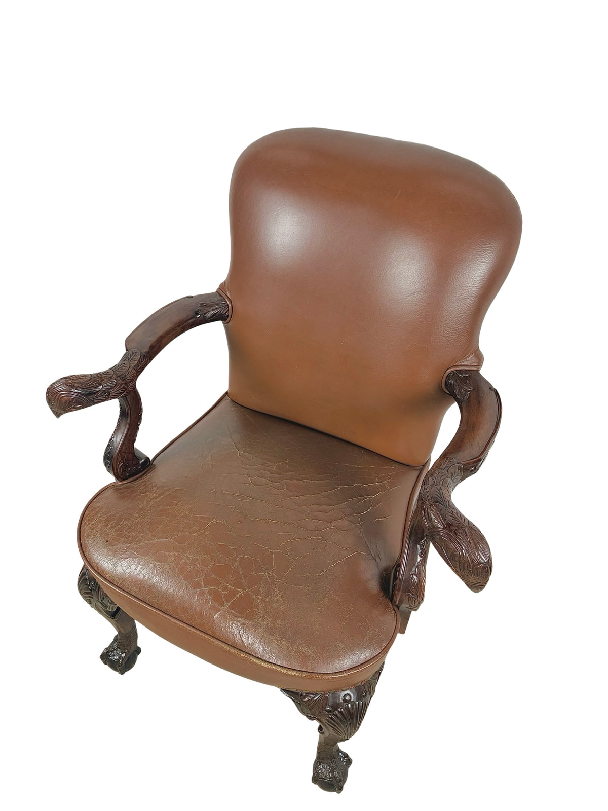 Vintage Maitland-Smith Carved Wood & Brown Leather Armchair