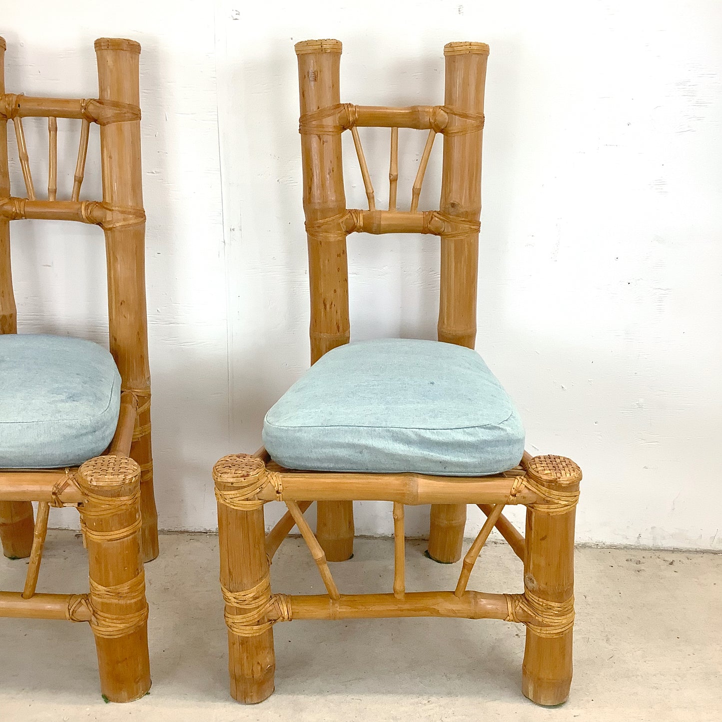 Pair Tall Boho Modern Bamboo Chairs