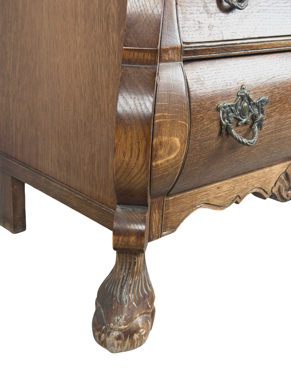 Vintage Dutch Baroque Revival Oak Bombé Three-Drawer Chest with Paw Feet