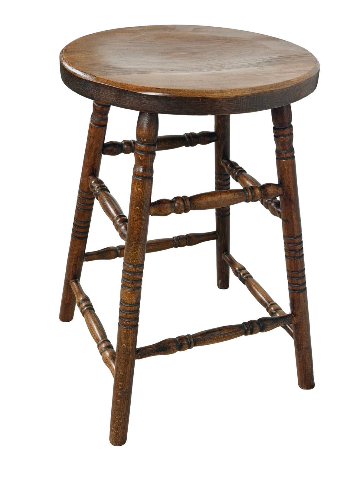 Antique Country Turned-Leg Round Wooden Stool, Primitive Farmhouse
