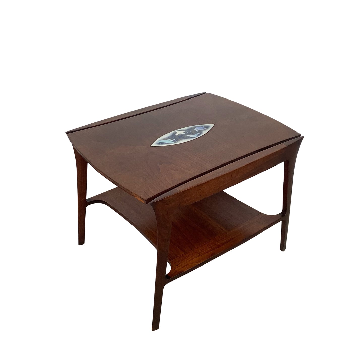 John Stuart Inc. Walnut Two-Tier End Table | Enamel Inlay | Splayed Legs | 1960s