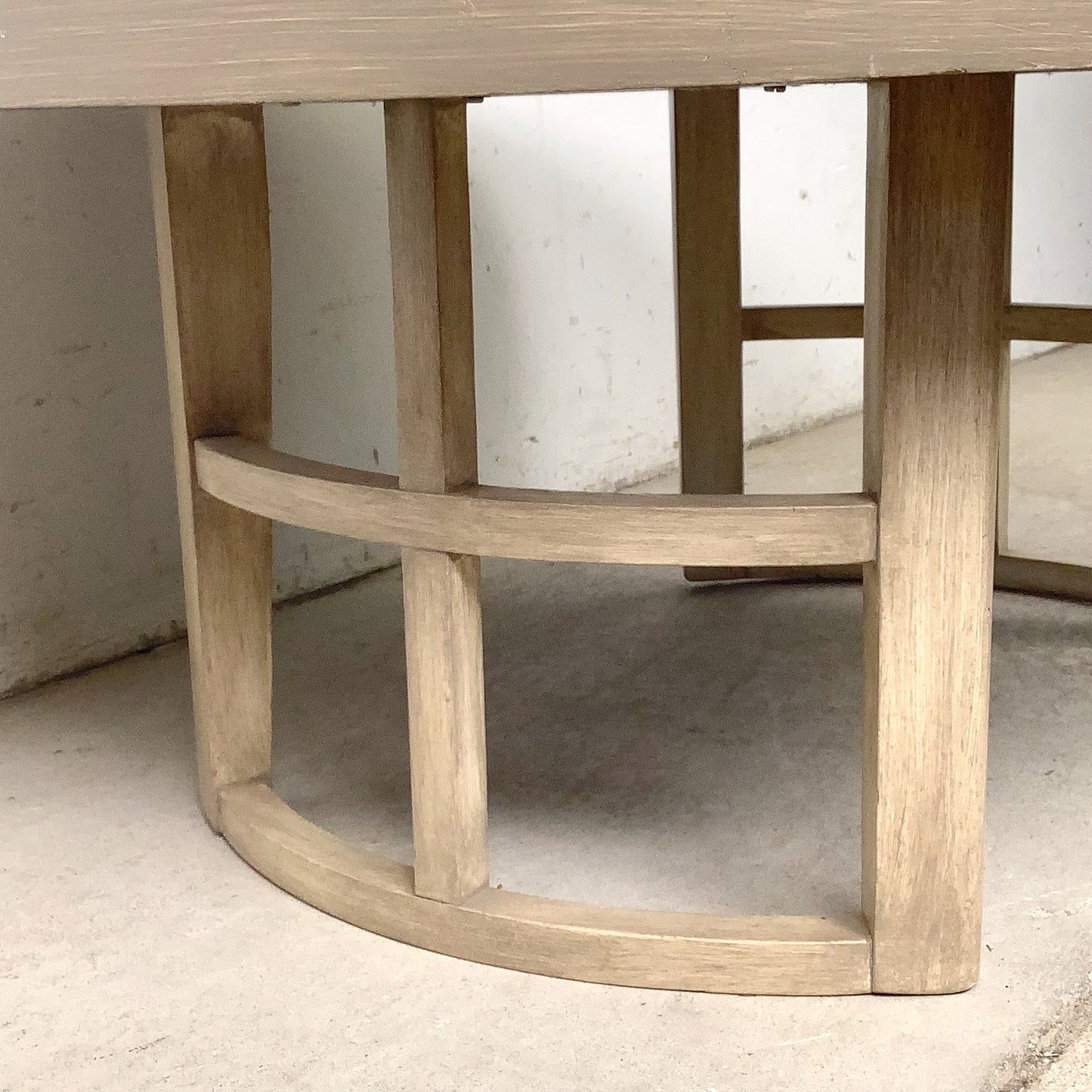 Vintage Round Low Coffee Table | Cerused Finish | Arch Form Base | Circular Stretcher