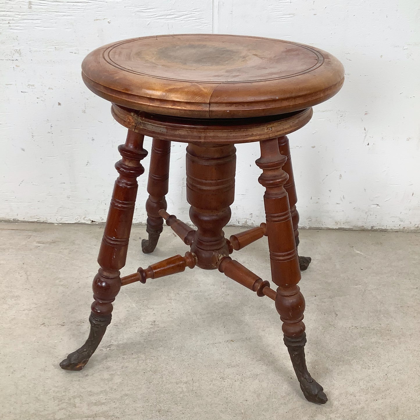 Antique Adjustable Piano Stool with Turned Wood Base