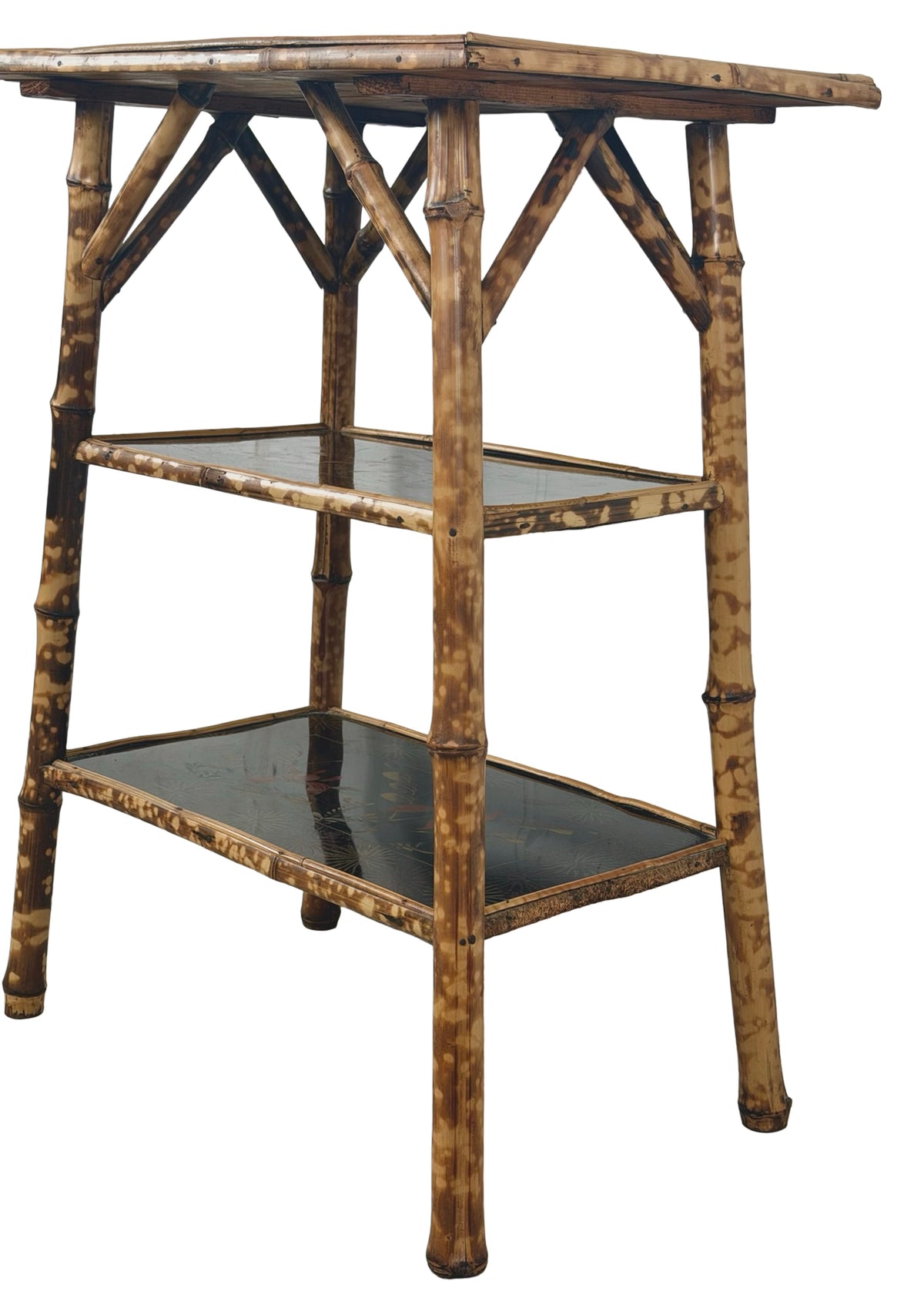 Antique Victorian Aesthetic Movement Tiger Bamboo Three-Tier Side Table with Floral Shelves