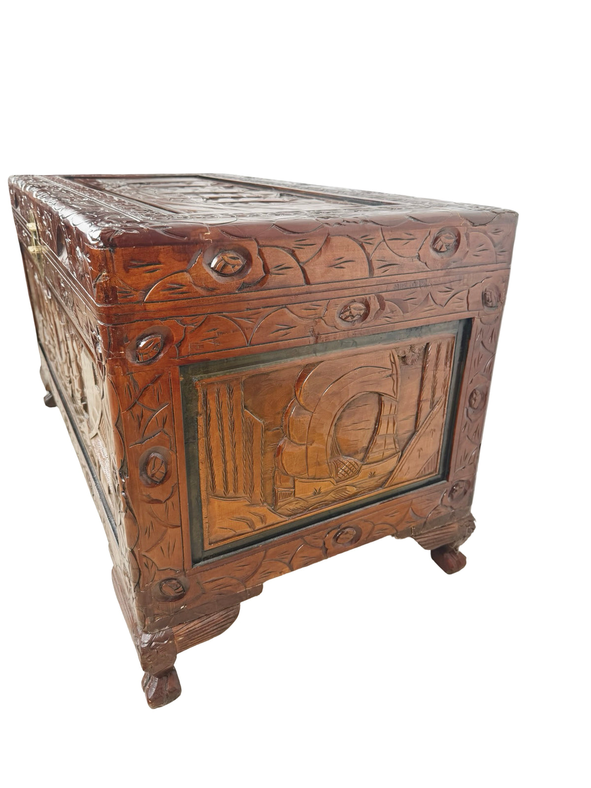 Vintage Asian Carved Wood Storage Chest with Figural Relief Carvings
