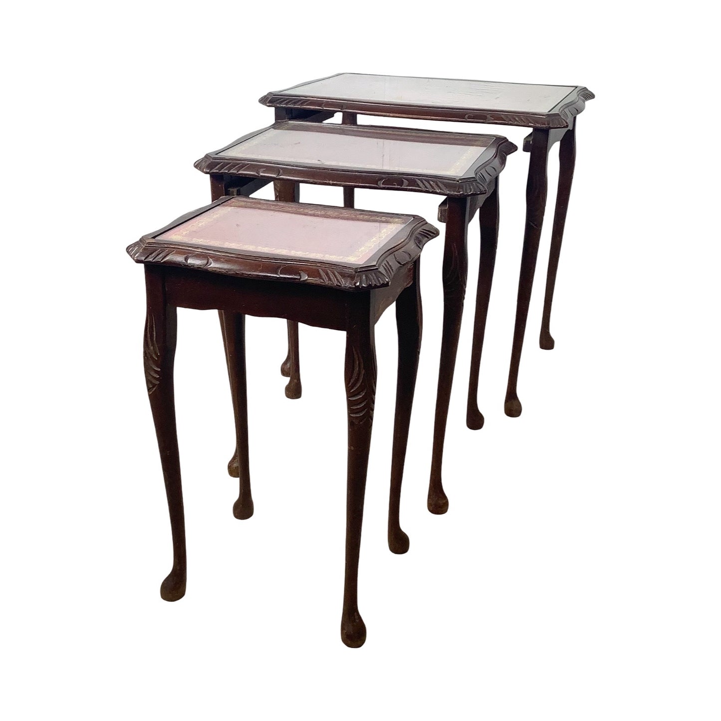 Vintage Queen Anne Style Nesting Tables with Tooled Leather Tops – Set of Three
