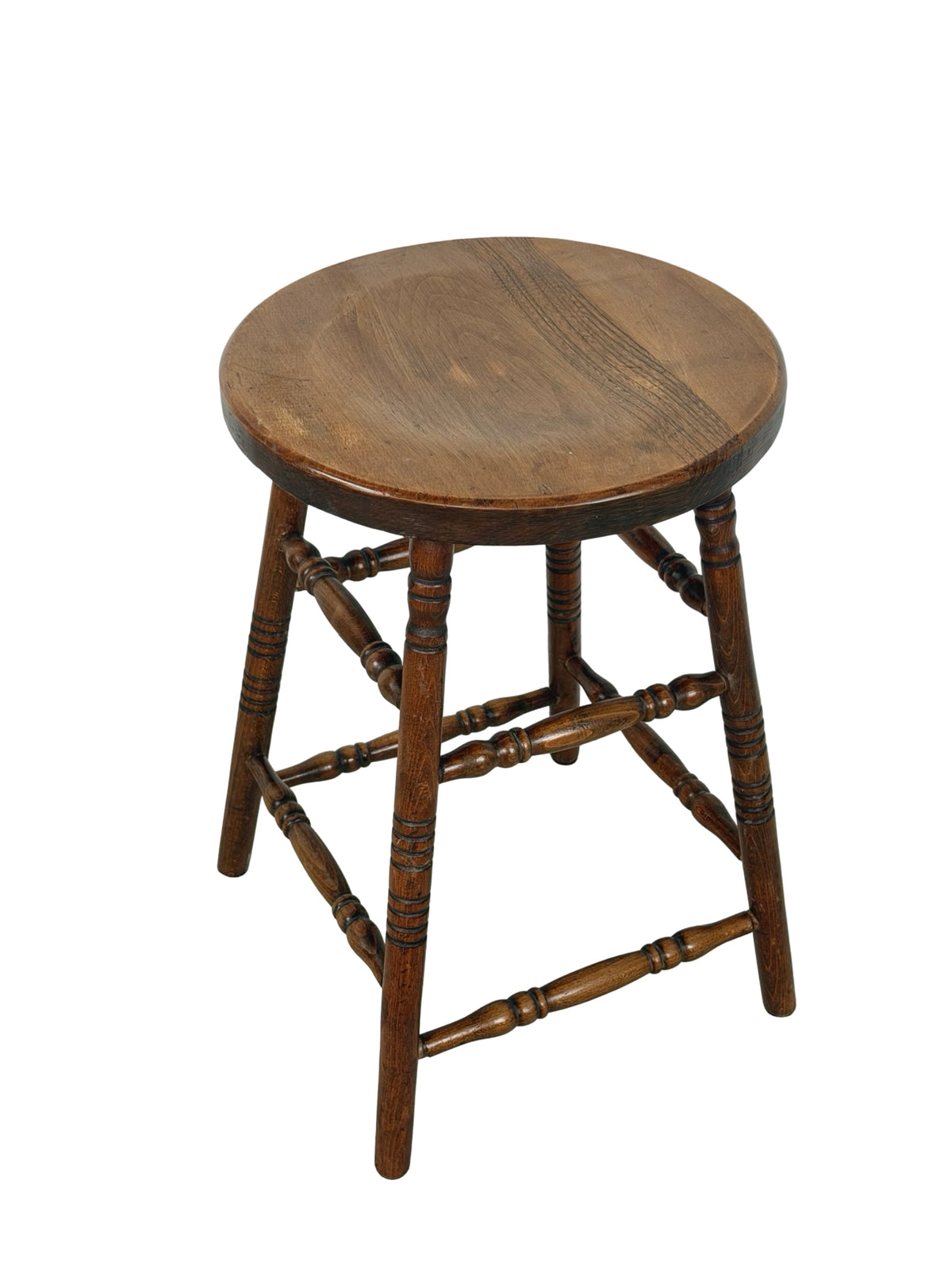 Antique Country Turned-Leg Round Wooden Stool, Primitive Farmhouse
