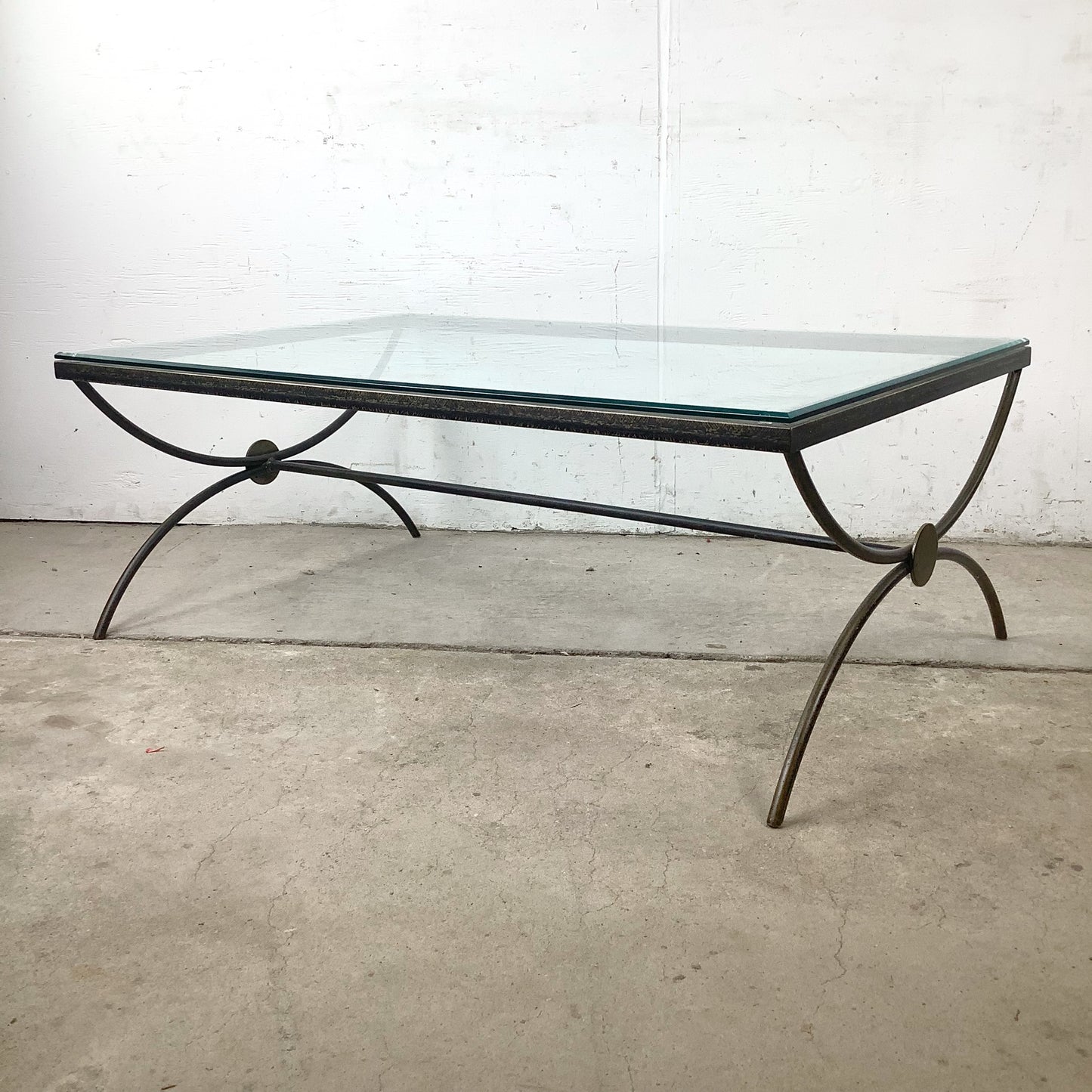 Vintage Modern Glass Coffee Table with Sculptural Wrought Iron Base