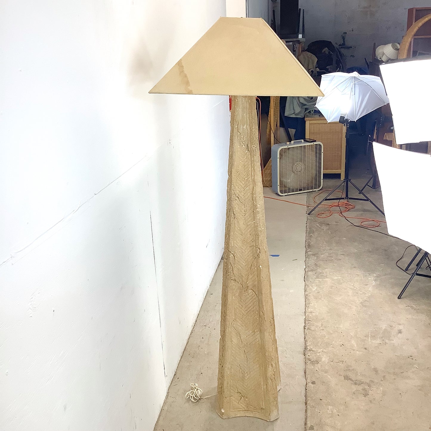 Vintage Textured Stone Obelisk Floor Lamp – Heavy Karl Springer Inspired Design