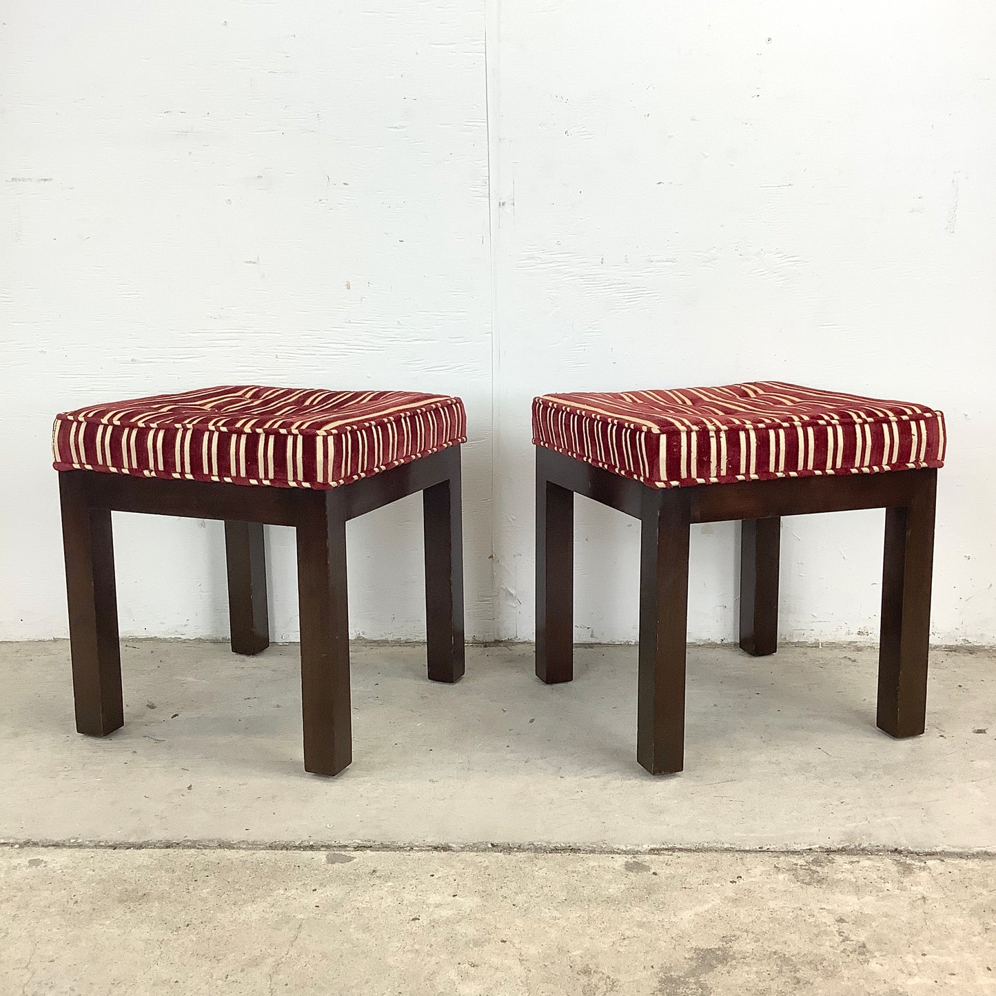 Pair of Vintage Mid-Century Tufted Footstools with Striped Fabric