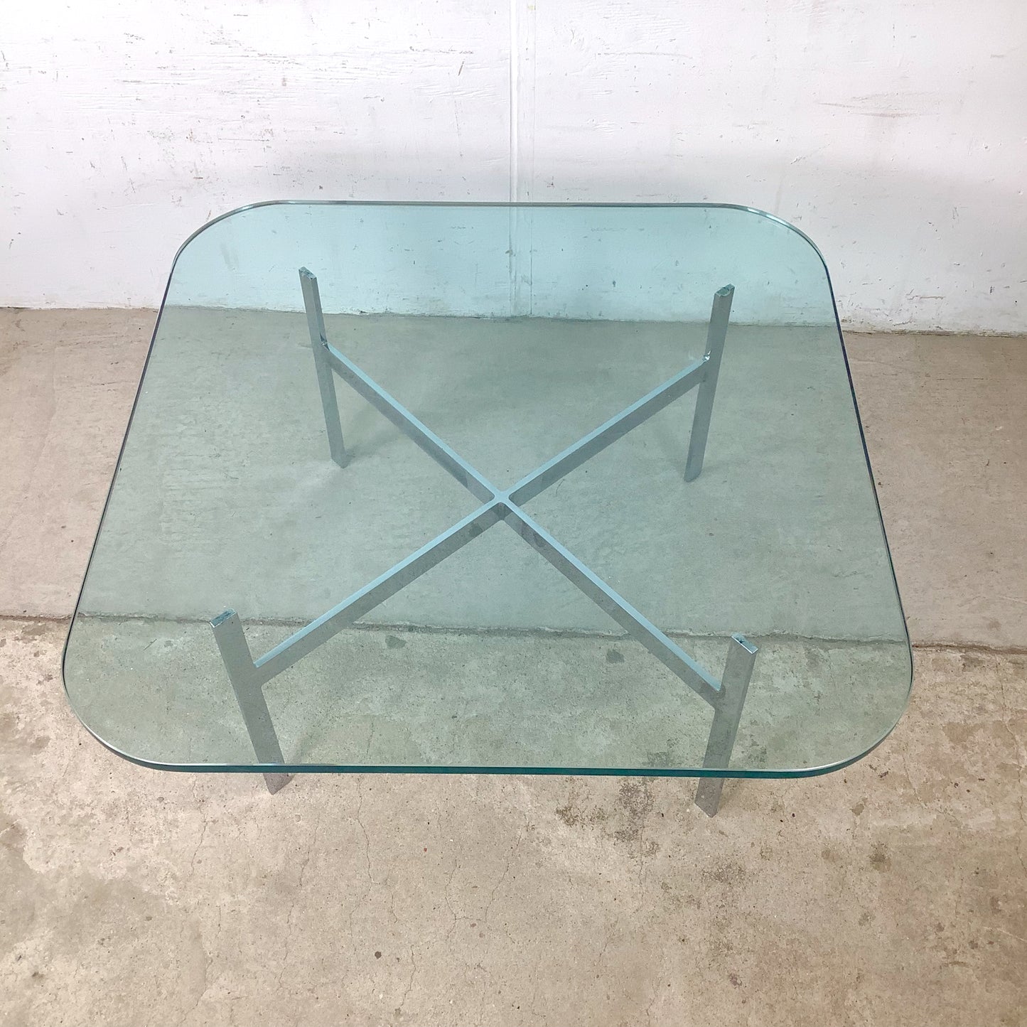 Vintage Barcelona-Style Coffee Table | Brushed Chrome X-Base | Thick Glass | 36" Square | c. 1970s–1980s