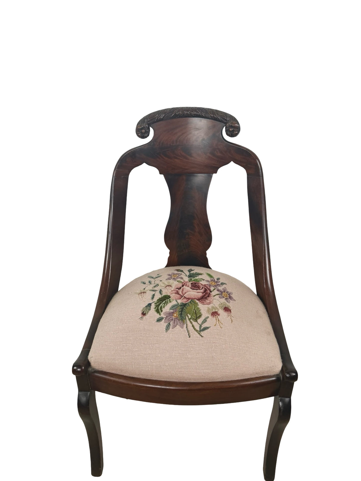 Antique Federal Style Carved Wood Side Chair with Floral Needlepoint Seat