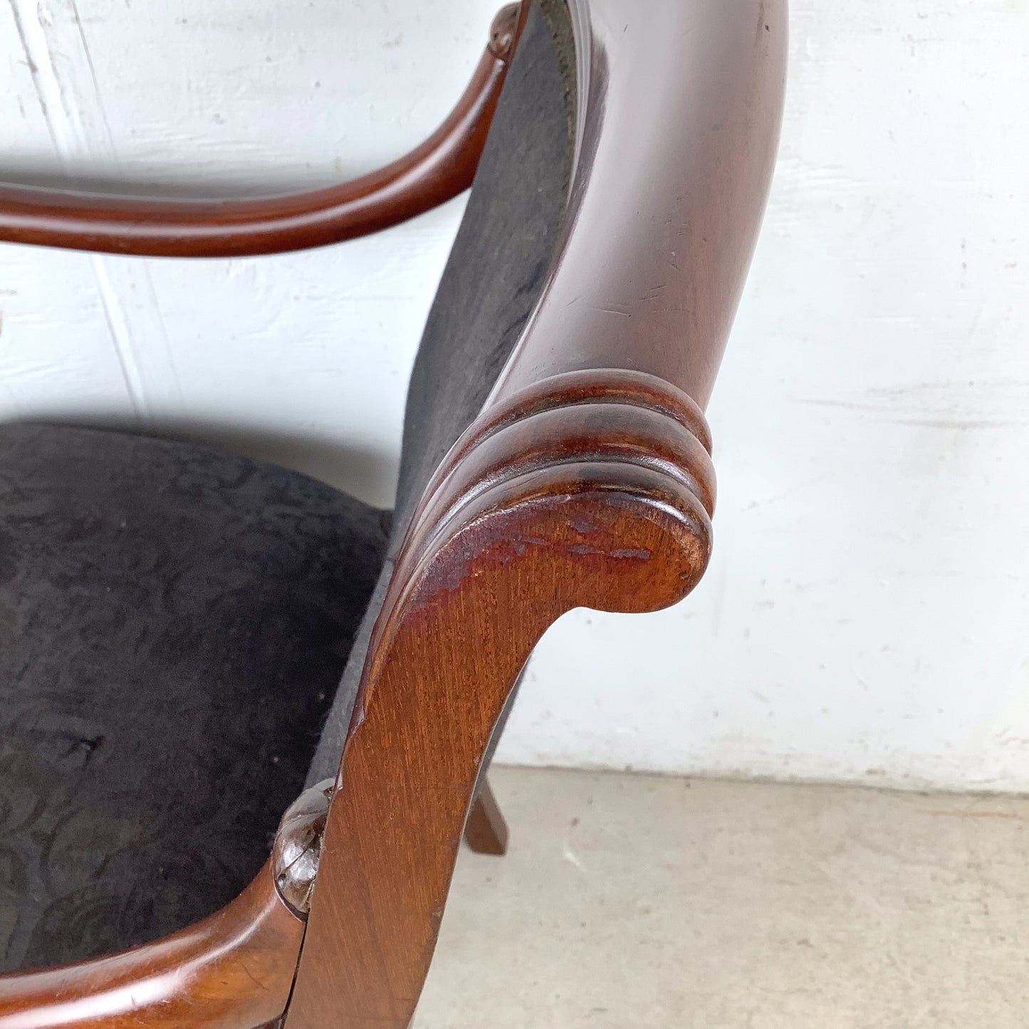 Empire Style Mahogany Armchair | Carved Acanthus Frame | Black Damask Upholstery | Neoclassical