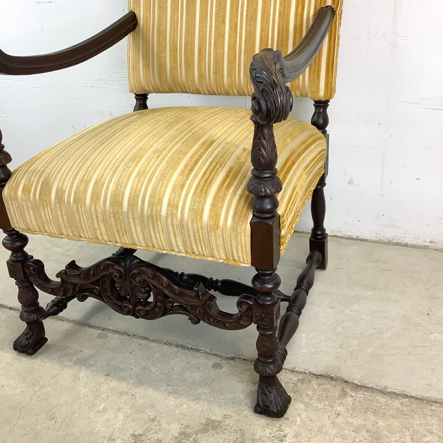 Grand Louis XIV-Style Throne Chair with Striped Fabric