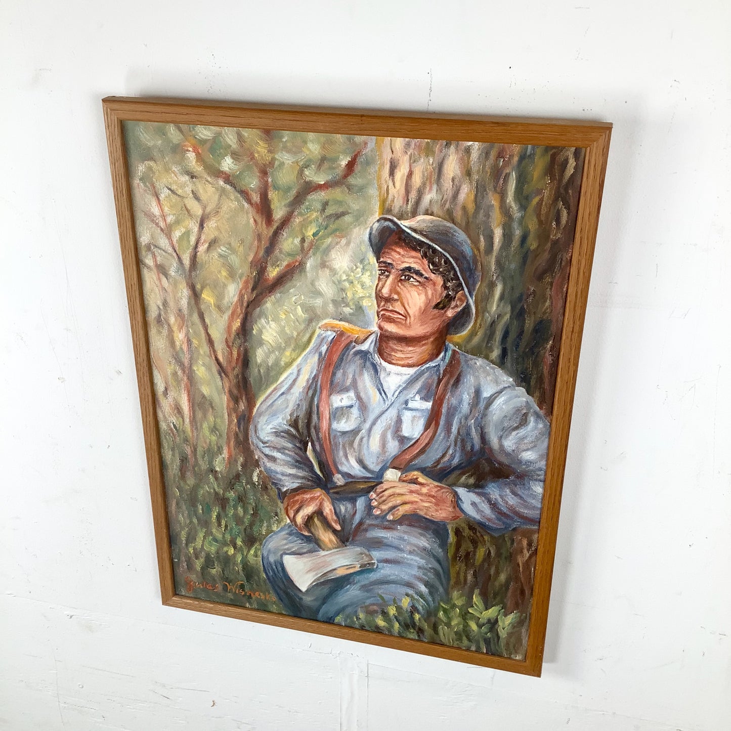 Mid-Century Figurative Oil Painting of Seated Woodsman — Jules Wisneski